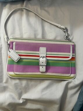Coach Multicolor Striped Canvas Wristlet in Lavender, Green, White